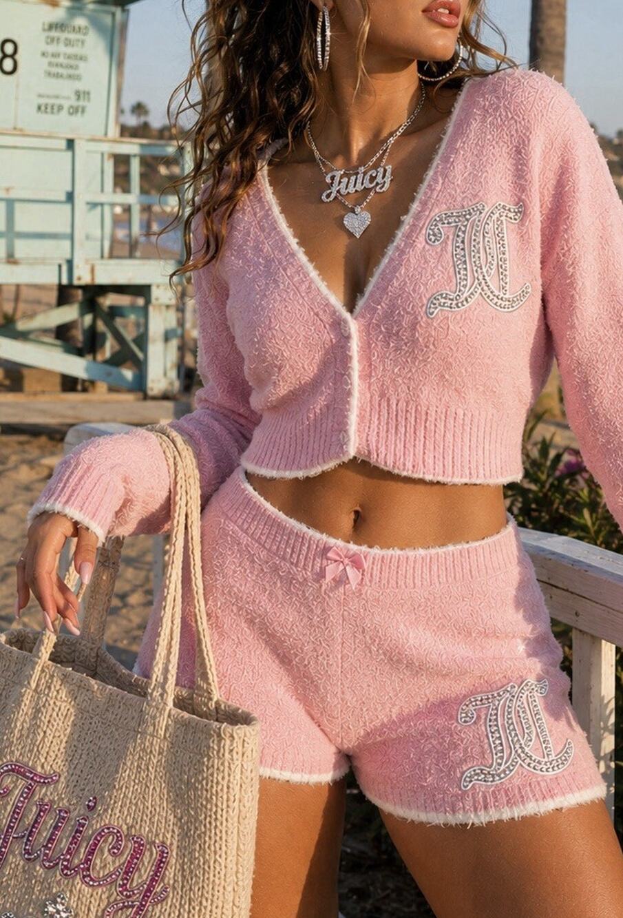 Juicy Couture Cropped Top Short Set Sz L Pink Velour Rhinestone Logo 2pc New NWT